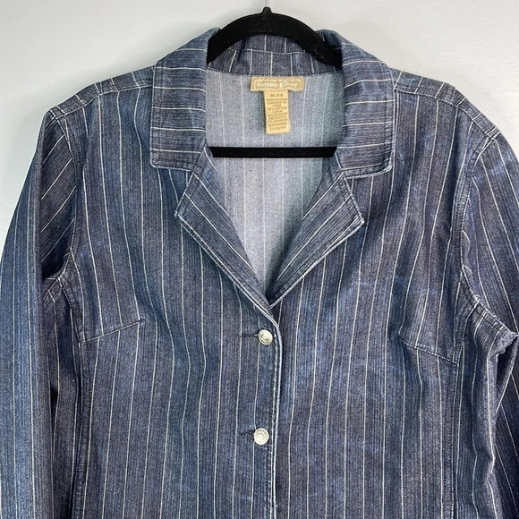 VINTAGE Cotton Ginny Pinstriped Denim Blazer Dark Wash Single Breasted Size XL - Picture 3 of 12